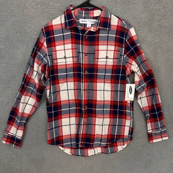 NEW Old navy Plaid Button Up Mens small Flex Blue Red‎ Long Sleeve Shirt - Picture 1 of 10